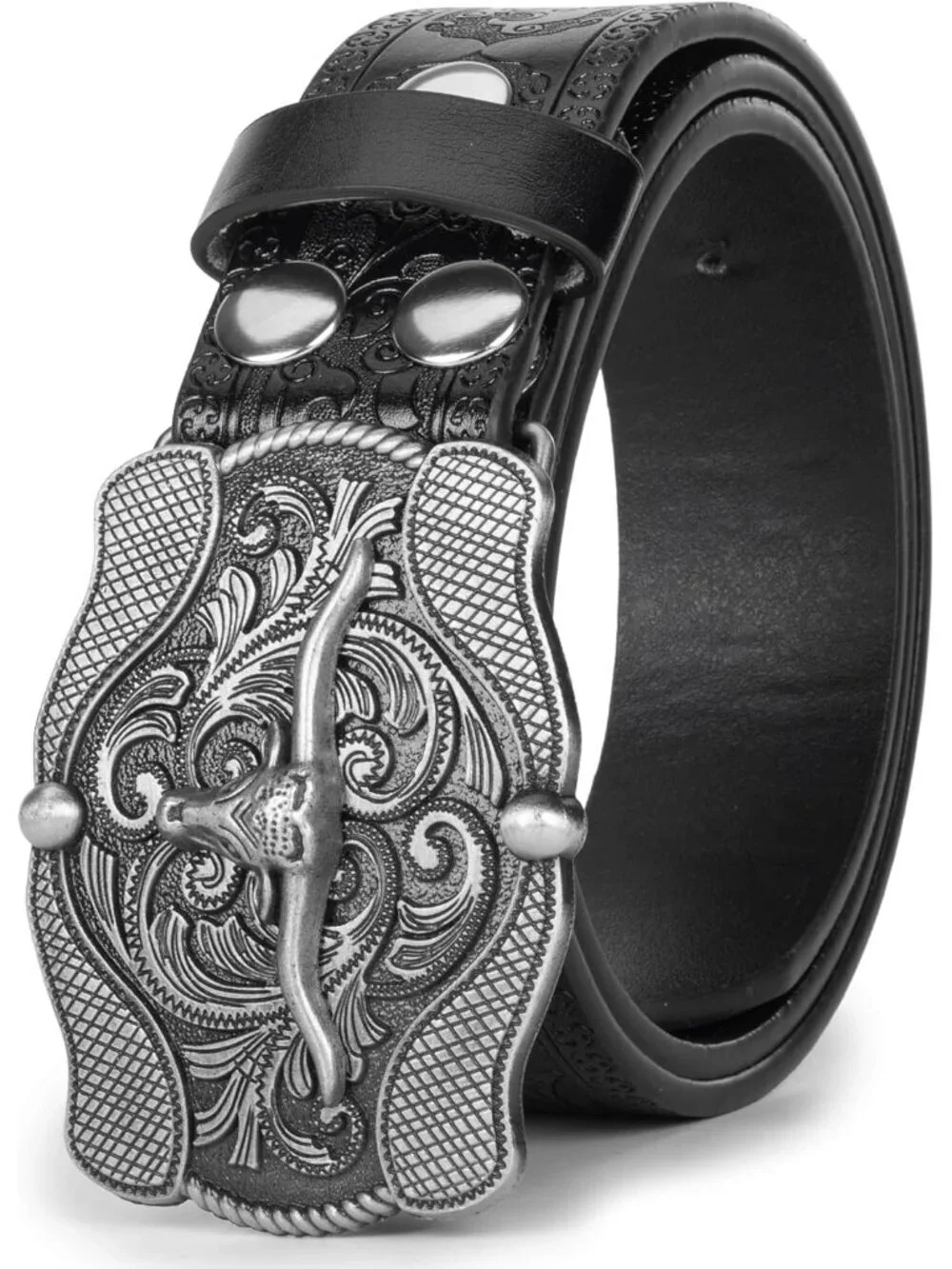 Women's Black Western Pu Leather Longhorn Bull Turquoise Embossed Buckle Belt